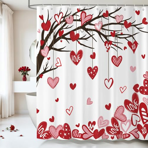 Dazzlewall Rideau de Douche Saint-Valentin, Tombant Rouge Cœur Arbre d'amour Rideaux de Baignoire pour Salle de Bain, Imperméable Anti-Moisissures Tissu avec 12 Crochets, 180 x 180 cm