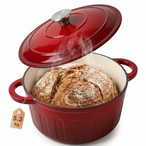 LZDMY Cocotte Fonte Émaillée 26 cm | 6L Fours Néerlandais avec Couvercle Compatible Induction Gaz Four Casserole pour Braiser Ragoûts Rôtir Pain Rouge