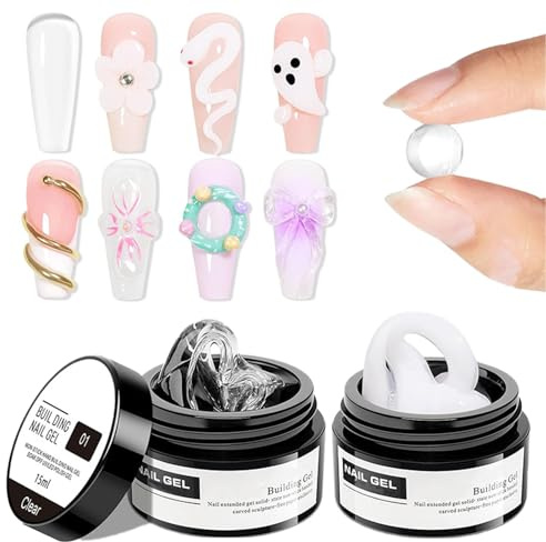 3D Clear and White Solid Builder Gel for Nails Kit - 3D Sculpting Nail Gel Non-Sticky Hand Extension Gel for Nails Carving Patterns - Nail Strengthen Sock Off UV LED Salon DIY at Home