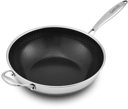 Garvee Wokpfanne Induktion 33 cm, Wok Induktion Edelstahlpfanne, Wabenpfanne Wabenstruktur Antihaft Kratzfest, Wok Pfanne für alle Herdarten, Ofen-und Spülmaschinenfest, für 3–6 Personen