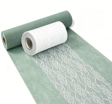 YUNSHANGHE Tischläufer Set - Eukalyptus Grün Vlies Tischband (30 cm x 25 m) und Weiß Spitzenband (15 cm x 25 m) für Kommunion, Taufe, Geburtstag, Hochzeit, Elegante Tischdekoration