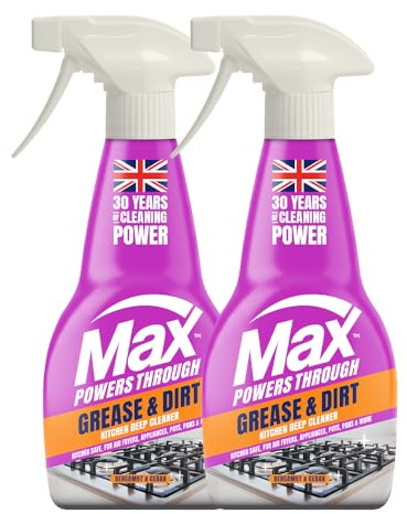 Max Grease & Dirt Cleaning Spray (2 Pack), High Performance Kitchen Cleaner & Grease Remover, Powerful Kitchen Degreaser for All Surfaces, No Residue, Bergamot and Cedar Fragrance - Made in the UK