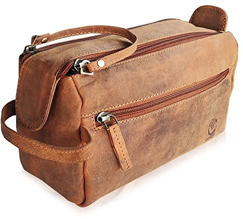 Trousse de Toilette en Cuir pour Homme – Trousse de Toilette de Voyage – Trousse de Rasage – Organiseur d'articles de Toilette – Trousse de Maquillage en Cuir pour Femme, Marron, M, Trousses de