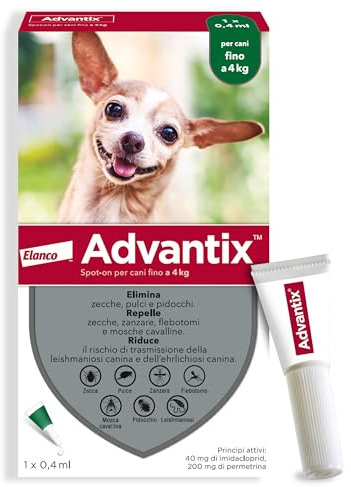 Advantix® Spot-on antiparassitario per Cani fino a 4 kg, 1 pipetta da 0,4 ml. Elimina zecche, pulci, pidocchi e larve di pulce in casa. Protegge da zanzare, pappatacei e rischio di leishmaniosi.
