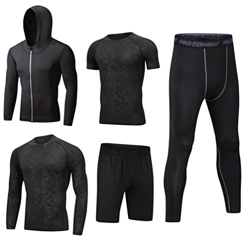 Dooxi Herren 5 Stücke Sport Anzug Schnell Trocken Joggen Kleidung Strumpfhosen Laufanzüge Kompression Shirt Gym Training Lauf Trainingsanzüge L