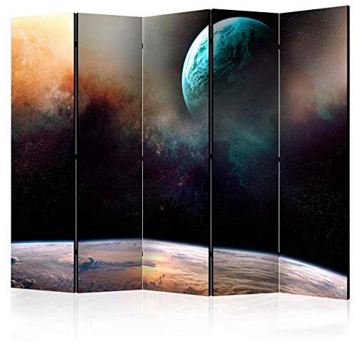 decomonkey Paravent Raumteiler Innen Planet 225x172 cm 5 Teilig Beidseitig Room Divider Wall Raumteiler Stehend Trennwand Sichtschutz Spanische Wand Sichtschutzwand Wohnzimmer Holz Sterne