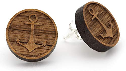 NaturSchatulle Holzohrringe Anker Gravur 15mm Holzschmuck Holz Ohrringe 925 Sterling Silber I natürliche Ohrschmuck Ohrstecker Damen