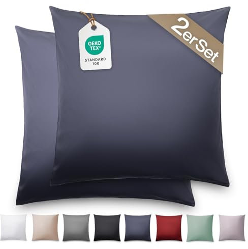 Blumtal Mako Satin Kissenbezug 50x50 Baumwolle Dunkelblau - 2er Set Kissenbezüge aus 100% Baumwolle - Edle Glanzoptik & Reißverschluss - Satin Kissenbezug für Kissen 50x50 Dekokissen & Sofakissen