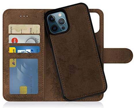 MyGadget Flip Case für iPhone 12 Pro Max - [ abnehmbare Magnet Hülle ] - Handyhülle aus Kunstleder - [ Klapphülle mit Kartenfach ] Schutzhülle in Braun