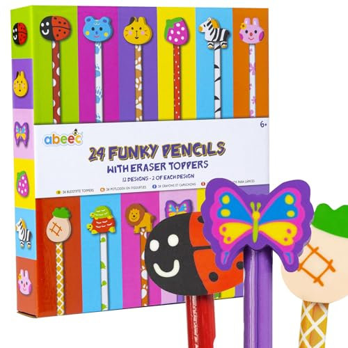 abeec 24 Funky Pencils with Erasers – Ideal for Kids' Party Bag Fillers, Stocking Fillers, Class Gifts, and Party Favors – Fun Stationery Set for Children
