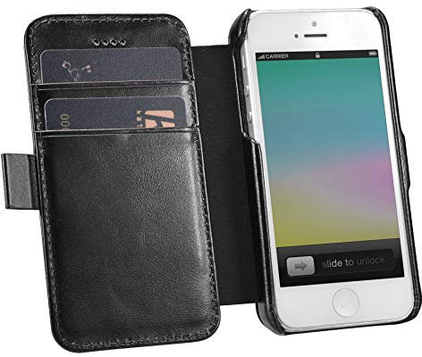 MH QUALITY Handyhülle für iPhone 5/5S/SE, Premium klappbar Handybrieftasche Lederhülle, Stoßfestes Flip Case mit Magnetverschluss | Schwarz