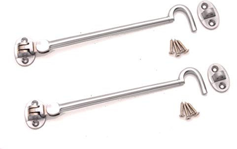 Pack of 2, 8 (200mm) Heavy Duty Brass Cabin Hook & Eye Silent Catch/Latch/Holder/Back Gate/Shed/Patio Door in Various Finishes (Satin Chrome)