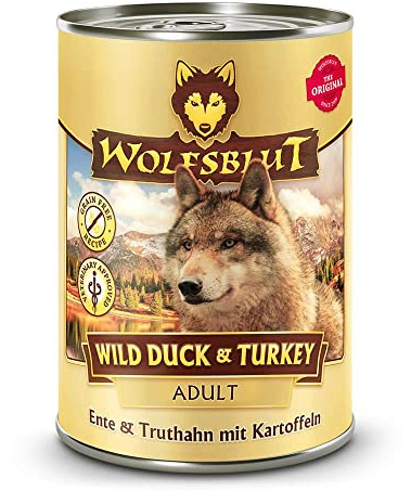 WOLFSBLUT – Wild Duck & Turkey Adult | Nassfutter mit natürlichen Zutaten und Superfoods für ausgewachsene Hunde. Getreidefreies Alleinfutter ohne Zusatzstoffe in der Dose | 6x395g