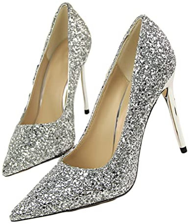 Onsoyours Damen High Heel Pailletten Pumpe Sexy Spitz Stilett Schuhe Einfachheit Elegant Büro Bankett Formelle Anlässe Pumps Silber 37 EU