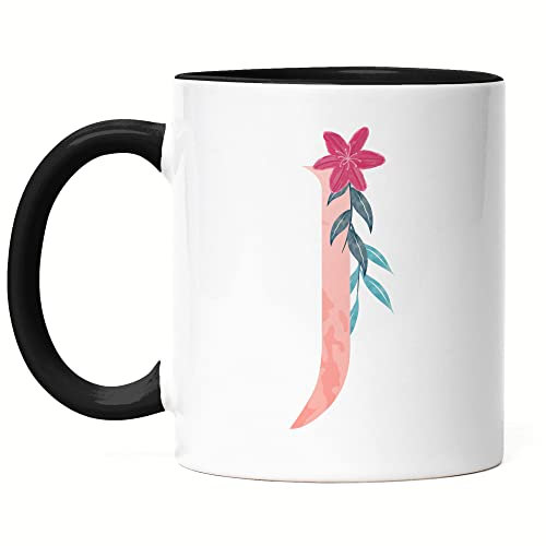 Hey!Print Buchstaben-Tasse J Tasse Schwarz mit Buchstabe Alphabet Monogramm Blumenmotiv Geschenkidee Anfangsbuchstabe