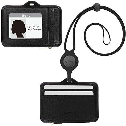Bone Kartenhalter Ausweis, Schlüsselband Ausweishülle mit Band, 4 Karten Ausweishülle mit Leder, Kleines Portemonnaie Damen, Zipper Card Holder, Lanyard Wallet Echtes Leder - Horizontal (Schwarz)