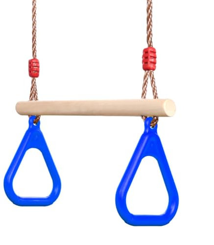 Trapèze Balançoire en Bois avec Gymnastique Anneaux Enfants Portique Toboggan Jeux Jardin Extérieur Intérieur (Bleu)