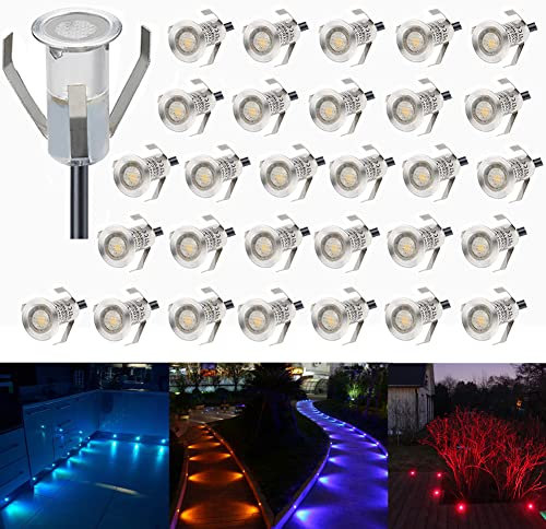CHNXU 30er Set Mini Treppen Einbaustrahler Ø18mm 7LM RGB Farbwechsel Bodeneinbauleuchte LED IP67 Wasserdicht Aussen und Innen Deckenstrahler Boden Lampe mit 12V Netzteil für Garten Terrasse Küche Bad