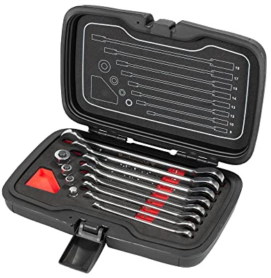 Rothewald 12 Piece Ratchet Spanner Set with Socket Adapters, 8 Ring Spanners with Ratchet Function, 4 Socket Adapters, Chrome Vanadium Steel Open-End Spanner Set