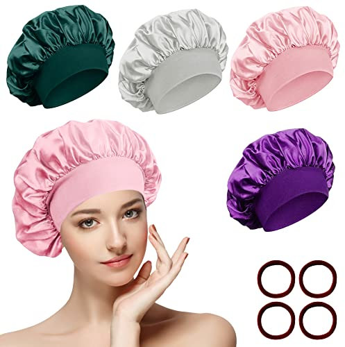 SOMLAW 4 Stück Seidenhaube zum Schlafen Schlafhaube Atmungsaktive Satin Haarhaube mit Haargummis, Verstellbare Schlafhaube Seide Kopfbedeckung für Lockiges Haar, Sleep Cap Satin Bonnet für Damen