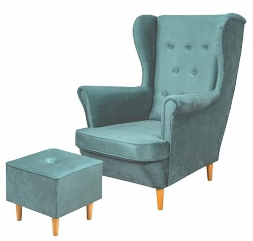 Bonni Floki Ohrensessel + Fußhocker im skandinavischen Stil. Fernsehsessel Lehnstühl Sessel Polstersessel Relaxsessel Bequemer Loungesessel auf hohen Beinen mit Pouf (Azurblau)