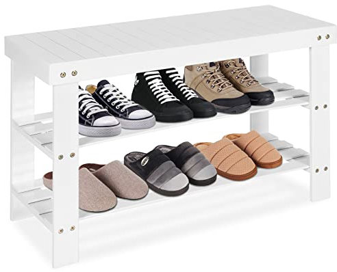 CASART Shoe Bench, 3-Tier Shoes Racks Bamboo Storage Organiser Seat, Hallway Shoes Shelf Footwear for Living Room Bedroom Entryway (White)