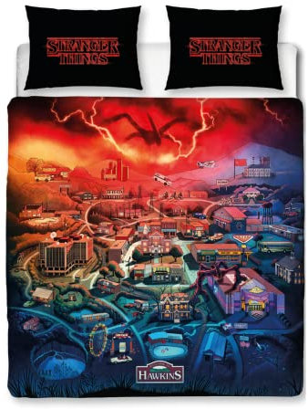 Stranger Things Character World - Set copripiumino matrimoniale ufficiale Hawkins Town Map Design reversibile, facile da pulire, con federe abbinate, stampa multicolore