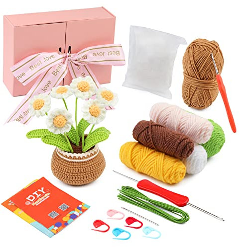 MASPHY Häkel-Starter-Kit für komplette Anfänger, Anfänger-Häkelset für Erwachsene, Häkelset für Anfänger,DIY Häkel Strickset mit Schritt-für-Schritt-Video-Tutorials. (Gänseblümchen)