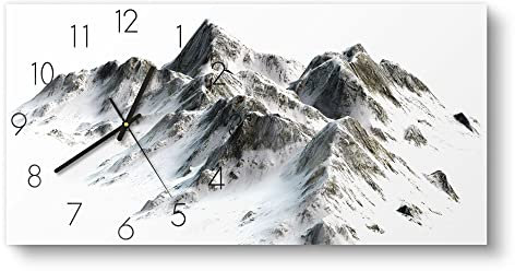 DEQORI Glasuhr | vertikal 60x30 cm | Motiv Verschneites Bergmassiv | große XXL Design Uhr aus Glas | leise Wanduhr für Wohnzimmer & Küche | moderne Hingucker Uhr für die Wand