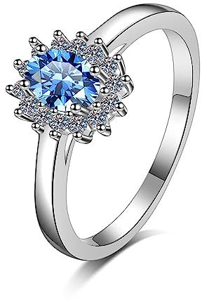 Ringe Silber Damen 925, Promise Ring Ovale Blume Blau Moissanite 0.5ct Größe 56 (17.8) mit Schmuck Box