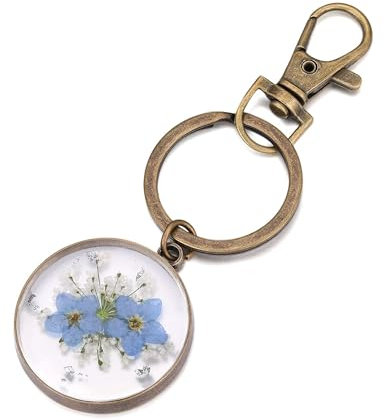 sdhiiolp Schlüsselanhänger Vergissmeinnicht und Queen Anne's Lace Wildflower Echte Blume Schlüsselanhänger April-Geburts-Blumen Glücksbringer Taschenanhänger Handgefertigt Dankeschön Geschenke