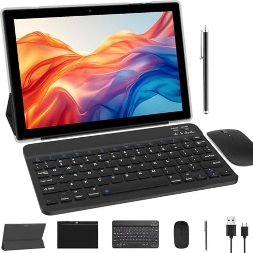 Tablette de 10 pouces avec clavier 2 en 1 Tablette Android 14 Tablette incluant étui, souris, stylet, batterie 6000mAh, 8 Go + 64 Go, support jusqu'à 1 To extensible, tablette de 10,1 pouces, 2MP+8MP