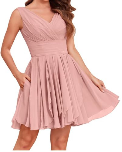 Robe de demoiselle d'honneur courte à col en V avec poches en mousseline de soie plissée A-Line Volants Corset Robe de cocktail formelle, vieux rose, 48