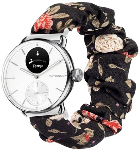 Blueshaweu Bracelet Compatible avec Wit-hings Smartwatch,en Tissu Imprimé Élastique Bracelet de Montre du Wit-hings Scanwatch 18mm/20mm Smartwatch (18mm, Fleurs noires)