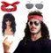 Hippie Kostüm Set, 80er 70er Jahre Bekleidung Herren, Perücke, Faschingskostüme Männer, Karneval Kostüme Accessoires, Hippie Kleidung Mit Sonnenbrille Headscarf Fasching Punk (Tod Rock)