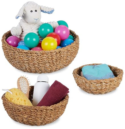 Relaxdays Aufbewahrungskorb, 3er Set, Seegras, 3 Größen, geflochten, Badezimmer, Deko, runde Utensilienkörbe, Natur