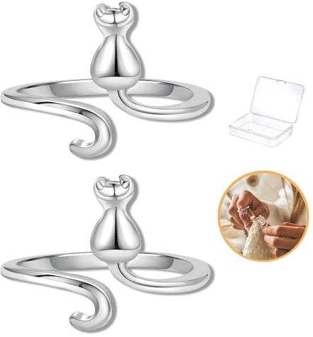 Namifin 2 PCs Crochet Ring for Finger Cute Cat Yarn Guide Adjustable Tension Ring for Crocheting Finger Pain Release and Faster Knitting Crochet Accessories for DIY