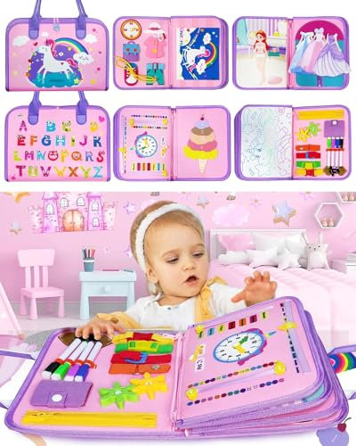weirtoya Busy Board 8 in 1 für Kleinkinder ab 2 Jahr Activity Board Baby Sensorisches Montessori Spielzeug mit Lebenskompetenzen, Rätseln, Anziehsachen, Kleinkinder Reisespielzeug Einhorn Spielzeug