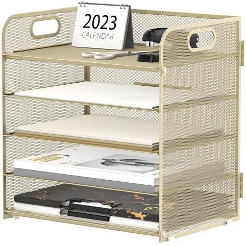 Supeasy 5 Trays Paper Organizer Letter Tray with Handle-Mesh Desk File Organizer,Pink Paper Sorter Desk Organizer for Office, Home or School (Gold Yellow)