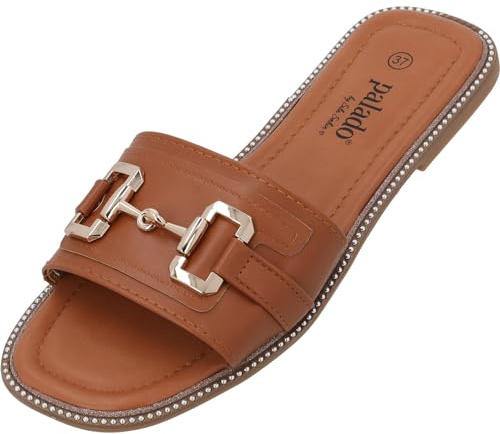 Palado Damen Pantoletten Thebas by Sila Sahin - elegante Sandalen - bequeme Sommerschuhe - modische Sandaletten mit Metallapplikationen Braun UK4,5 - EU37