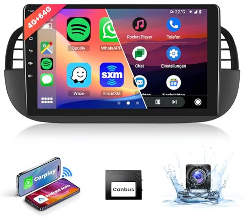 【8 Nucleo 4+64G】Hodozzy Carplay Autoradio per FIAT 500 2007-2015, 9 Pollice Touchscreen Android Autoradio con Android Auto/WiFi/GPS/RDS/FM/Bluetooth/USB,Nero