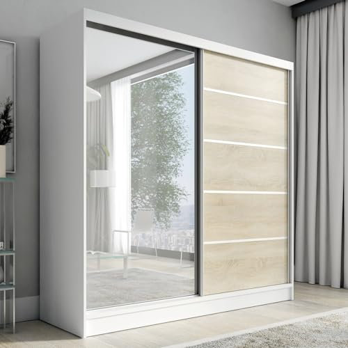 A&J MöbelLand Schwebetürenschrank mit Spiegel, 2 Türen, 200 cm, Weiß (Weiß/Sonoma)