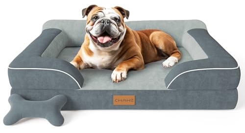 CWAWZ Orthopädisches Hundebett,91x69cm Hundebett für große Hunde mit Knochenspielzeug, Kühlender Memory Foam Waschbar Hundesofa, Wasserdicht rutschfest Großes Hundesofa,Dunkel Grau
