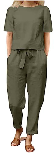 Mrat Two Piece Sets for Women Linen Co Ord Set Plus Size Short Sleeve Tops Elastic High Waist Drawstring Trousers Sets Round Neck T Shirt Pants Suit Outfits Summer Loungewear Casual Homewear