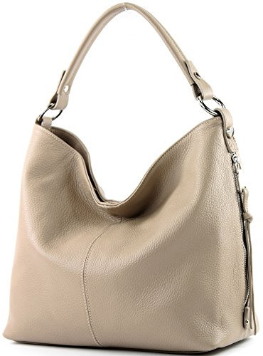 modamoda de T160 Damen Leder Schultertasche Henkeltasche Large handmade in Italy, Farbe:Graubeige