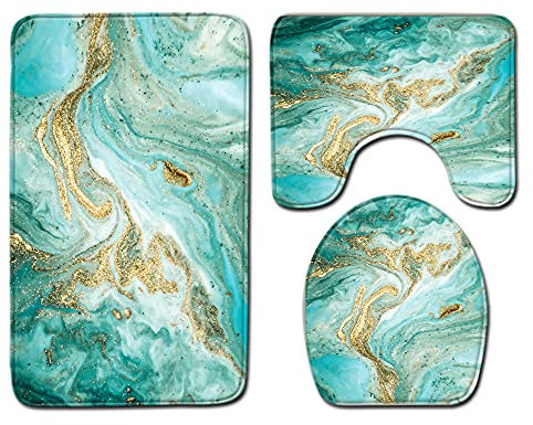 Bad Teppiche Set 3-Teiliges Türkis Gold Marmor WC Vorleger Mit Ausschnitt Badematte Saugfähig WC Deckelbezug Badvorleger rutschfest Waschbar Toilettensitzbezug Badgarnitur (45x75cm)