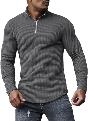 KUYIGO Men's Polo Shirt Quarter Zip Long Sleeve Sports Shirts Tennis Golf Ribbed Knit T-Shirt S Dark Grey