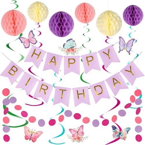 Lemicin Butterfly Purple Birthday Decorations - 14pcs Purple Happy Birthday Banner, 6 Honeycomb Balls, 6 Butterflies Hanging Swirl Streamer, Circle Dot Garland Decoration for Woman Girl