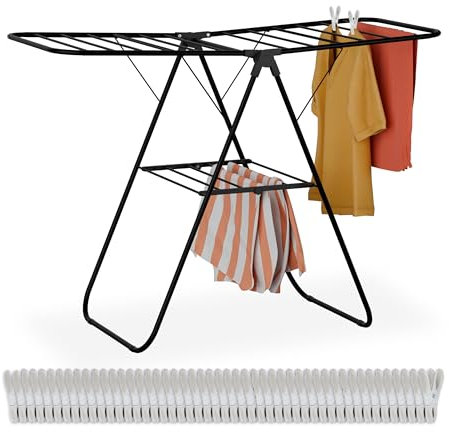 Relaxdays Wäscheständer klappbar, 2 Flügel, 2 Ebenen, Flügelwäscheständer, HBT: 93x136x58 cm, Wäschetrockner, schwarz