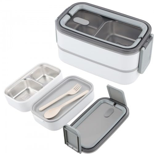 Bento-Lunchbox aus hochwertigem 304 Edelstahl Zwei Ebenen mit Unterteilungen, BPA-frei, umweltfreundliche Erwachsenen-Brotbox, auslaufsicher und mikrowellengeeignet (Grau)